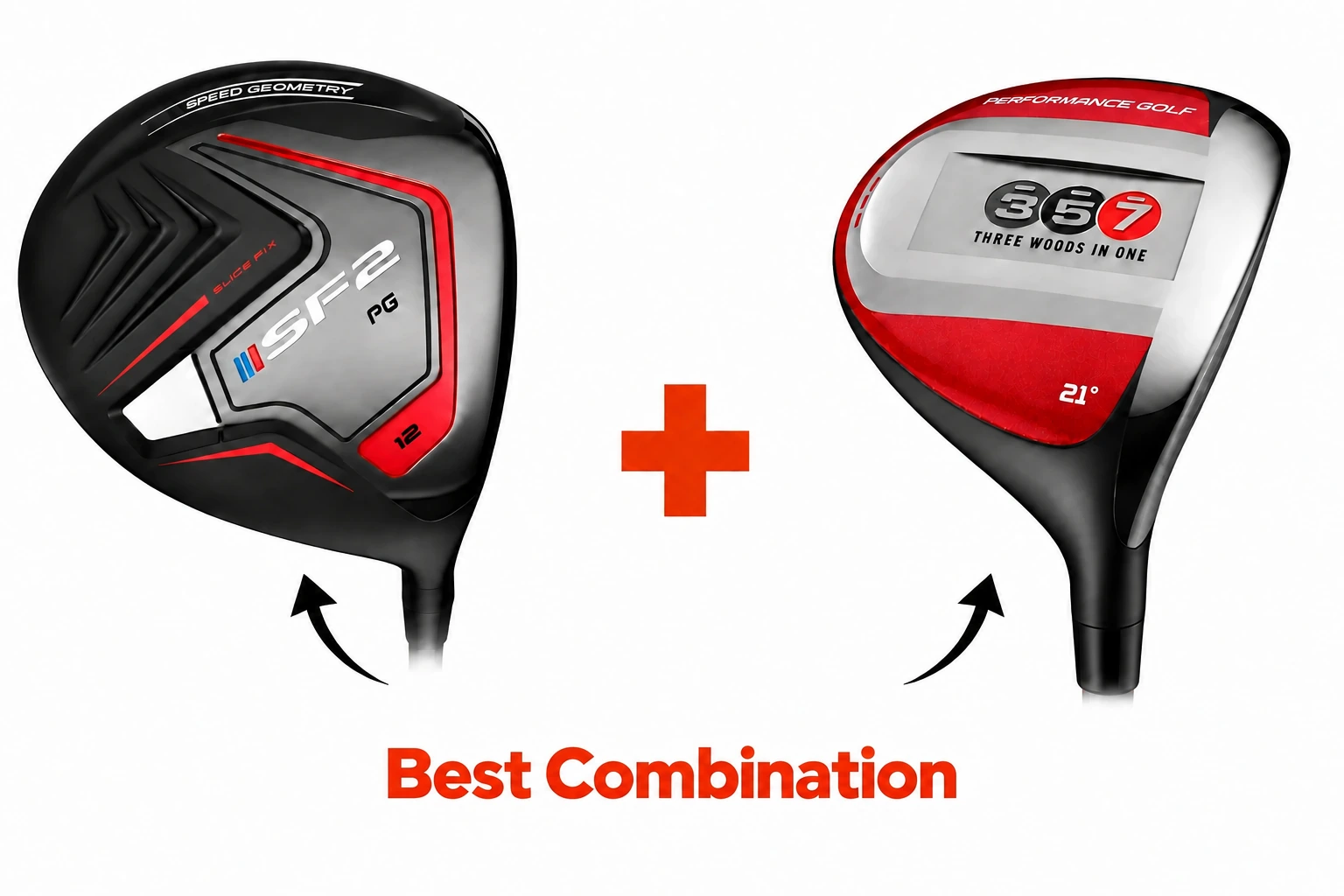 SF2 Driver plus 357 Fairway Hybrid, with arrows labeled Best Combination